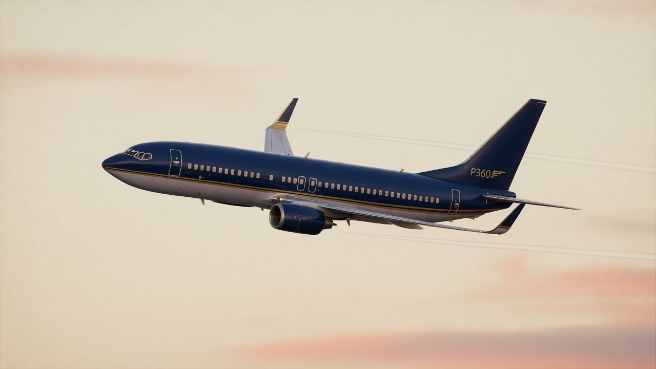 Jato P360 em voo, fuselagem navy e faixa dourada, céu de entardecer